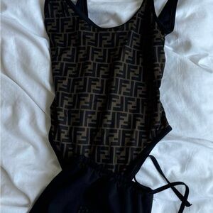 Fendi Monogram Black and Brown One Piece Swimsuit